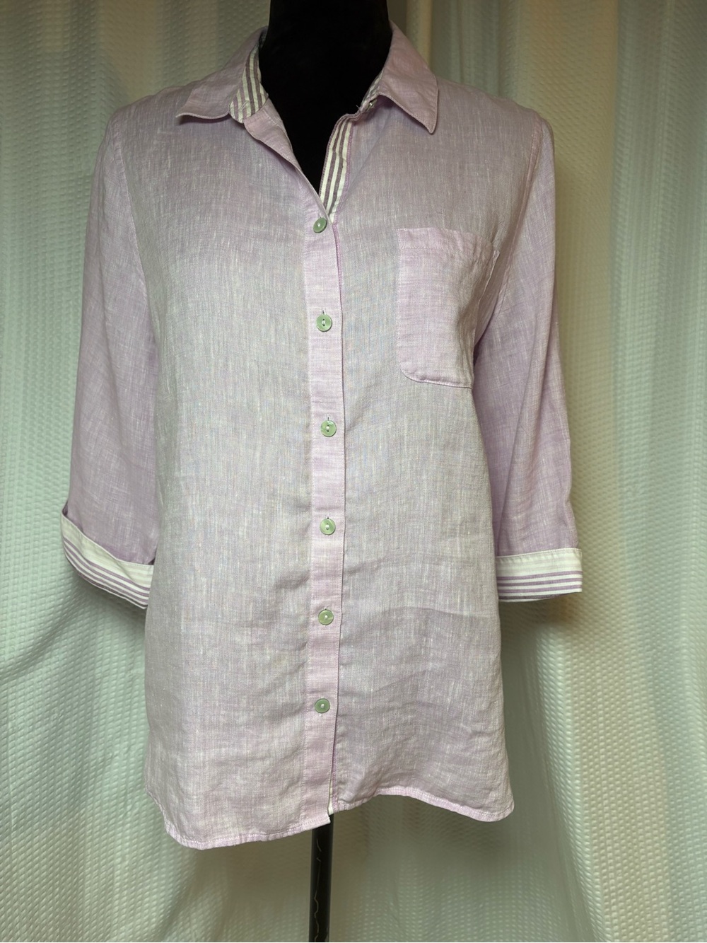 Chico’s 100% Linen Light Lavender 3/4 Sleeve Button Down Tunic Size M